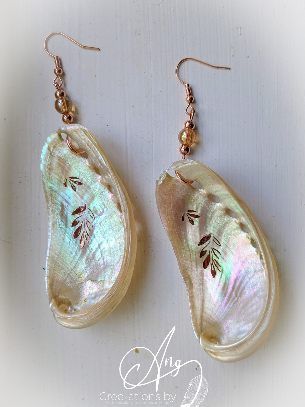 Abalone Pearl Shell Drop Earrings with Rose Gold Hooks